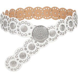 Women Vintage Disc Waist Concho Leather Belt Boho Waist Belt White Silver Buckle